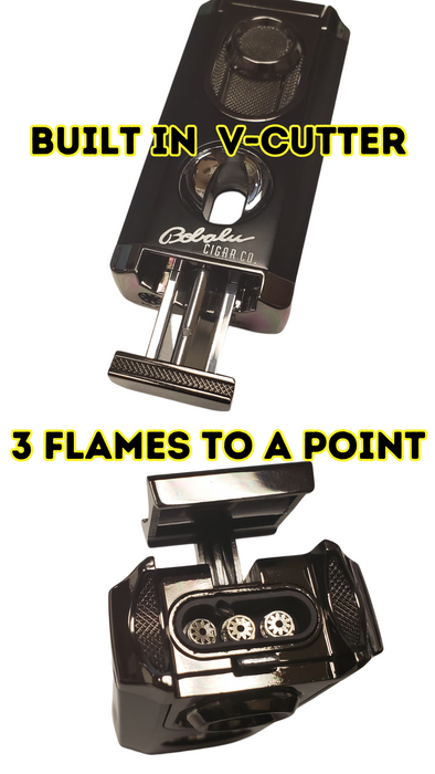 Triple flame cigar lighter with built-in V cutter and cigar rest